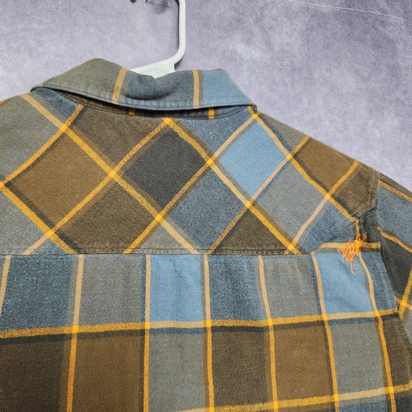 Fox Plaid Long Sleeve Flannel Shirt Mens Size L Blue Brown Gold - Picture 7 of 16